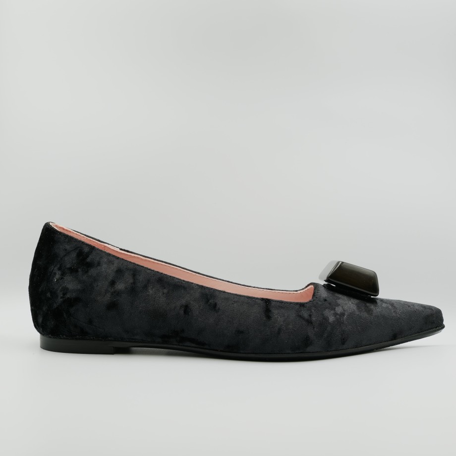 Pointed Black Leather And Chenille Ballet Flats With Ras Accessory Wholesale