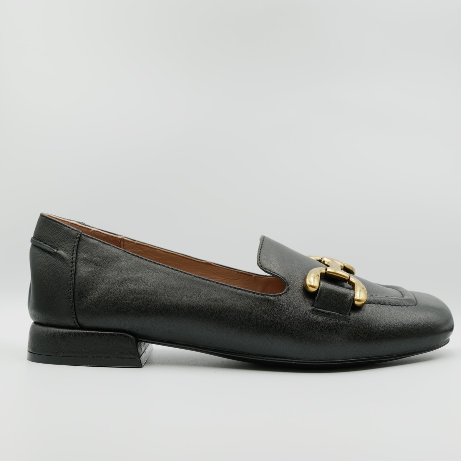 Bibi Lou - Black Leather Loafers With Gold Buckle New