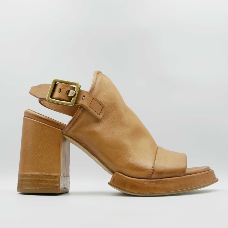 As98 - Wide Heel Sandals In Tan Plateau Leather With Strap Banded On The Neck Clearance