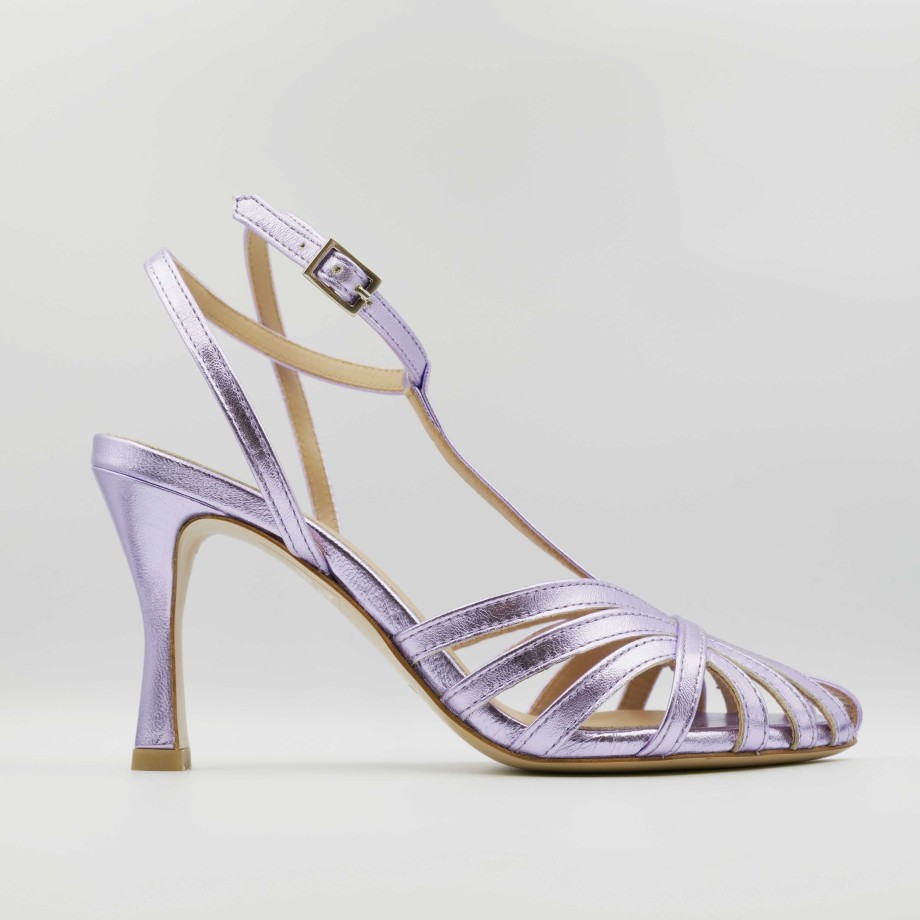 Ora - Sandals With High Heel In Leather And Laminated Lilac Colored Strap Wholesale