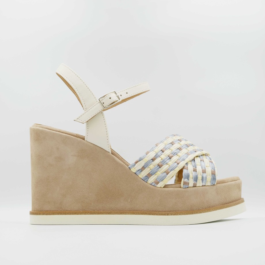 Sandal With High Wedge In Leather And Multicolor Raffia Gianmarco Sorelli New