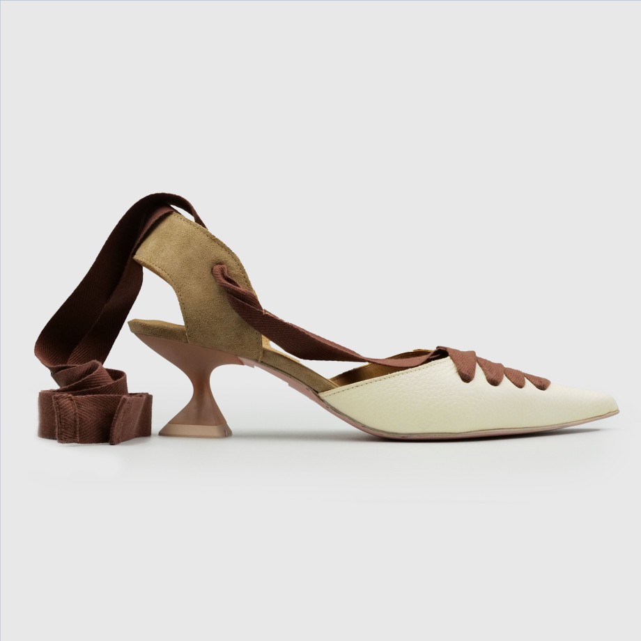 White Leather And Suede Slingback With Ras Ankle Fastening Hot