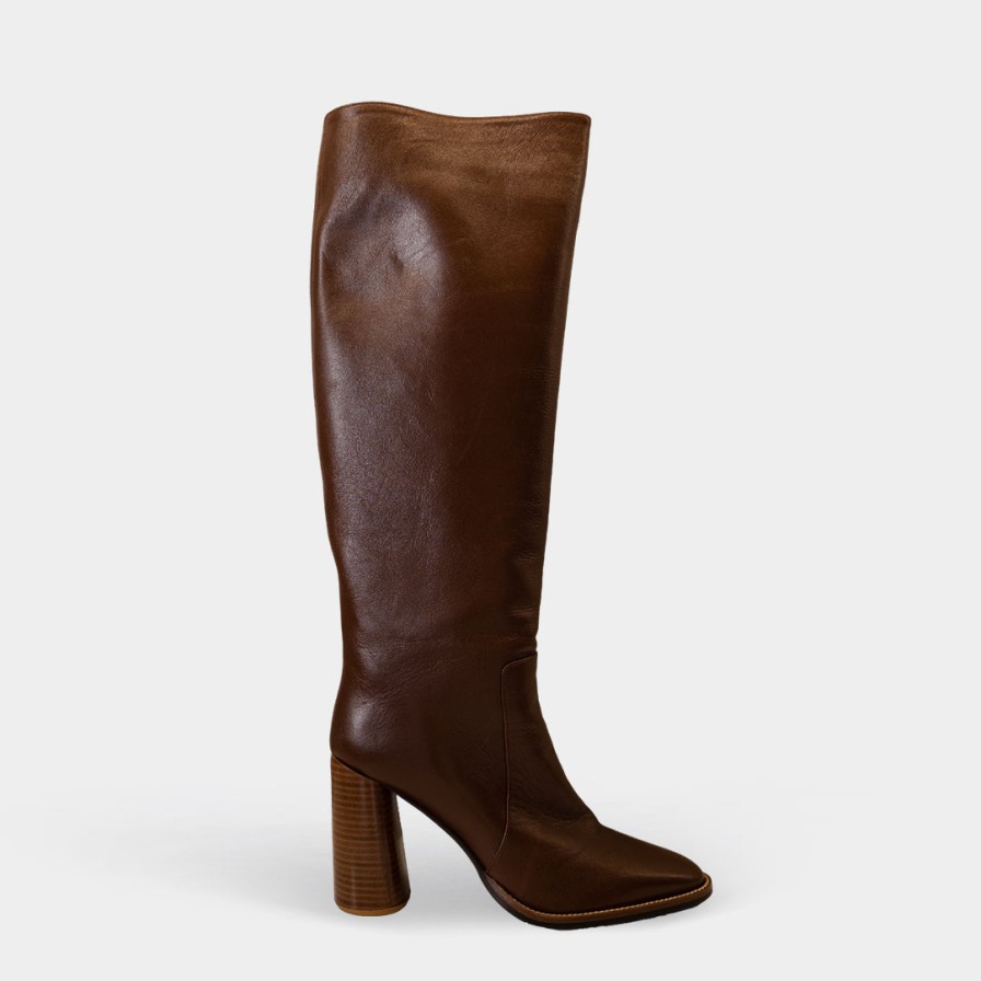 Tiffi - Chocolate Leather Boots With Pointed Toe And Wide Heel Hot