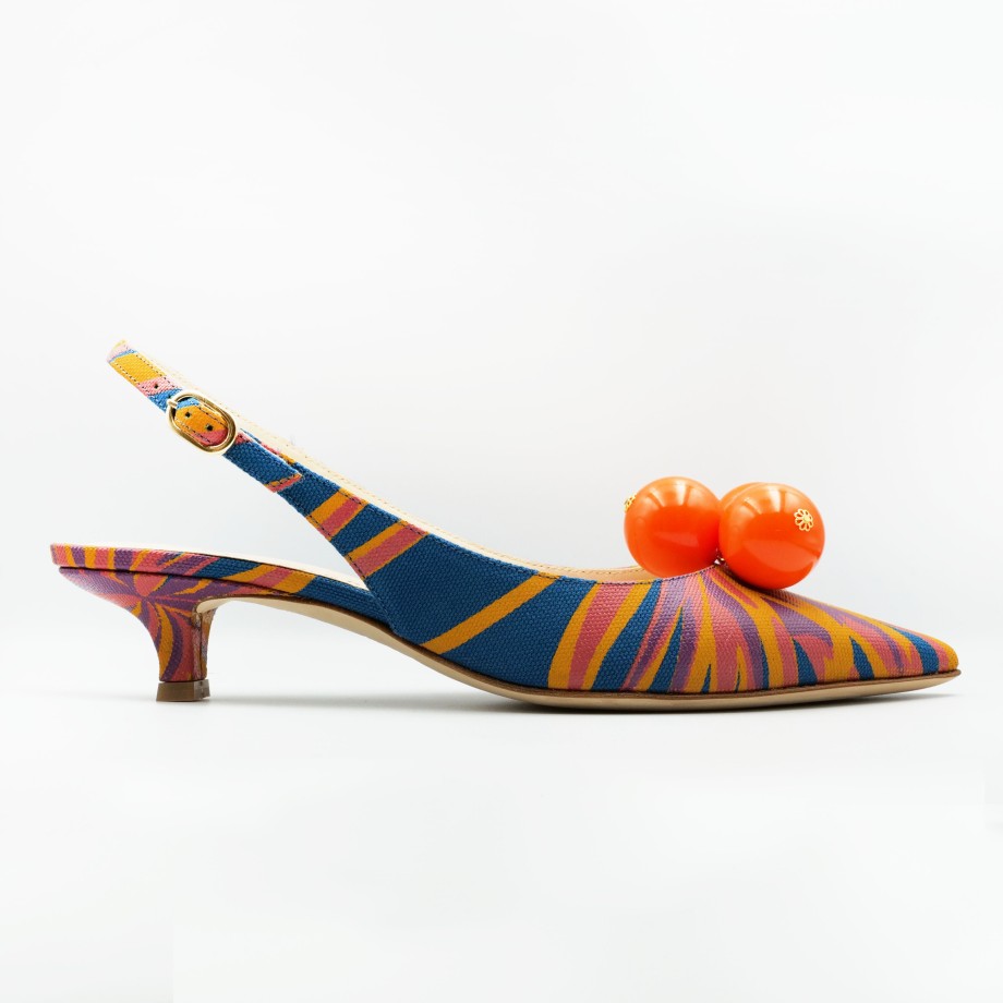 Prosperine - Blue And Orange Low Heel Leather And Fabric Slingback With Strap Hot