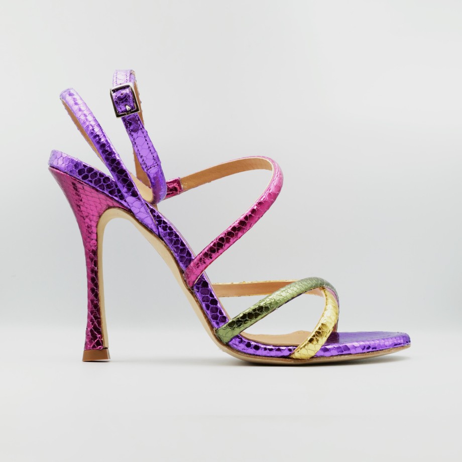 Chantal - High-Heeled Sandals In Shiny Leather With Multicolored Bands And Strap Clearance