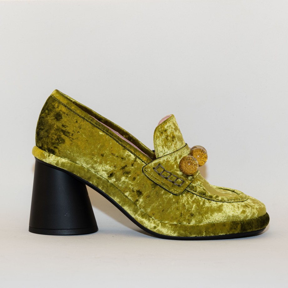 Ras - Green Chenille Loafers With Wide Heel And Accessory Clearance