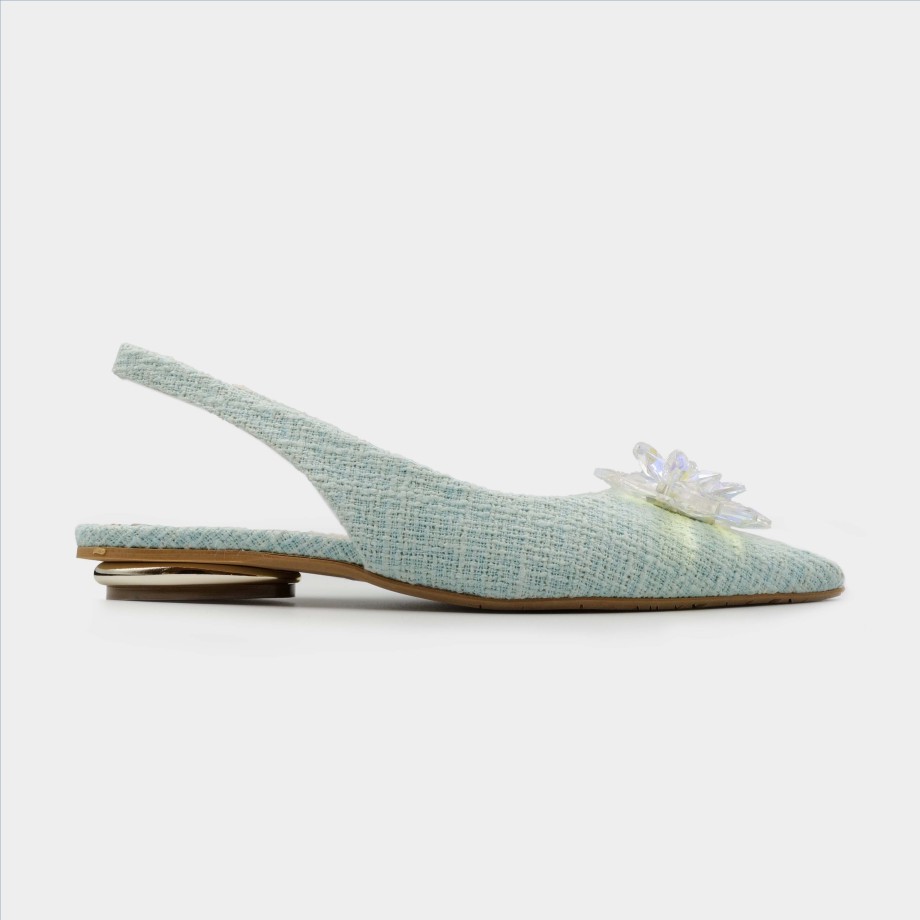 Tiffi - Slingback In Water Green Leather And Fabric, Low Heel, Glass Flower Accessory Wholesale