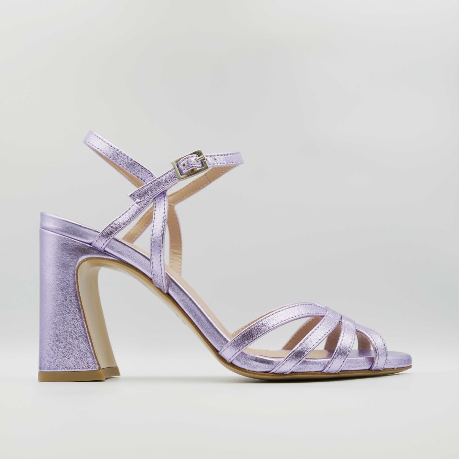 Ora - High-Heeled Sandals In Laminated Lilac Leather And Ankle Strap New