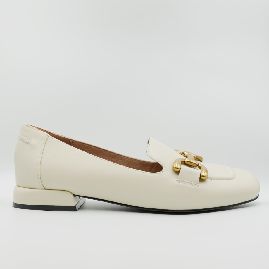 Bibi Lou - Cream Leather Loafers With Gold Buckle New