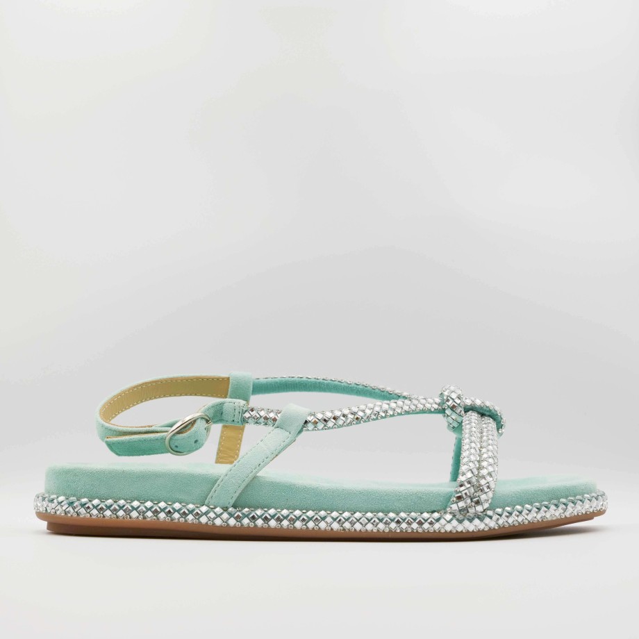 Alma En Pena Flat Sandals In Aqua Green Suede With Rhinestones Clearance