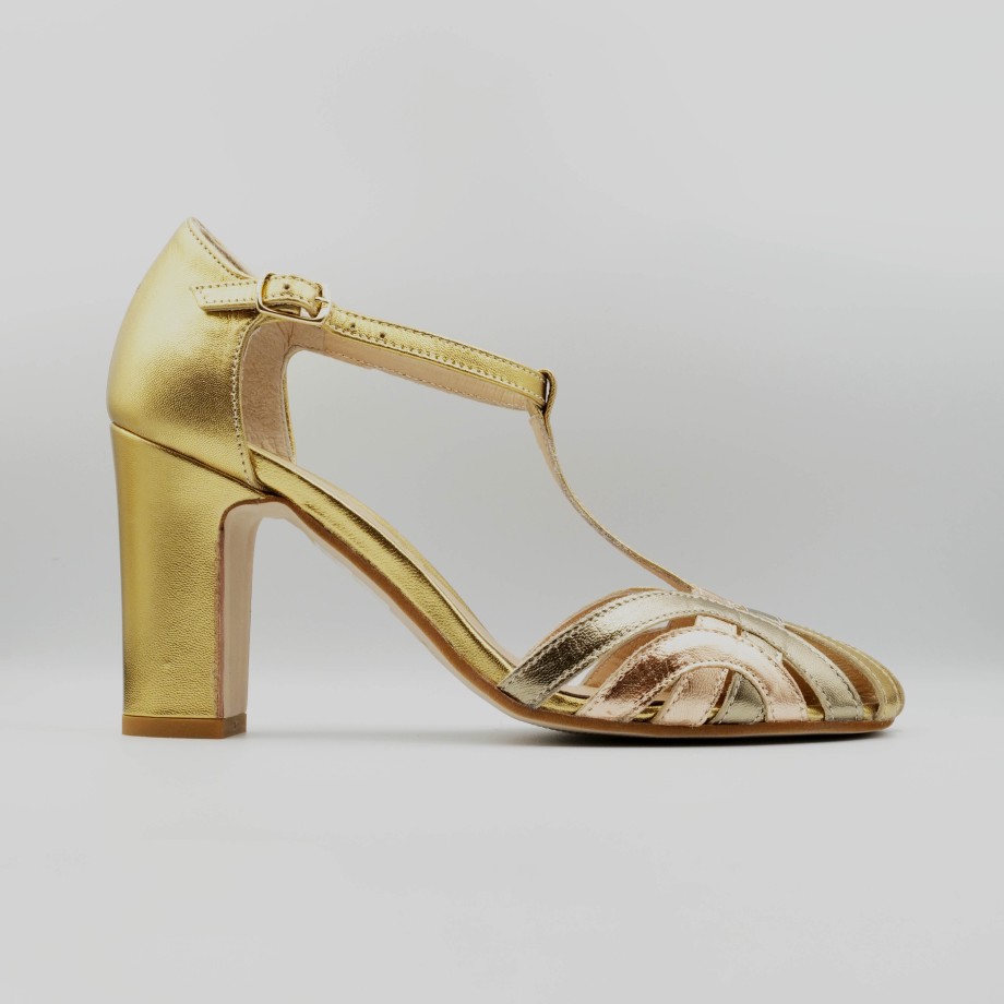 Les Venues - Sandal With High And Wide Heel In Platinum And Copper With Strap And Closed Behind The Heel New