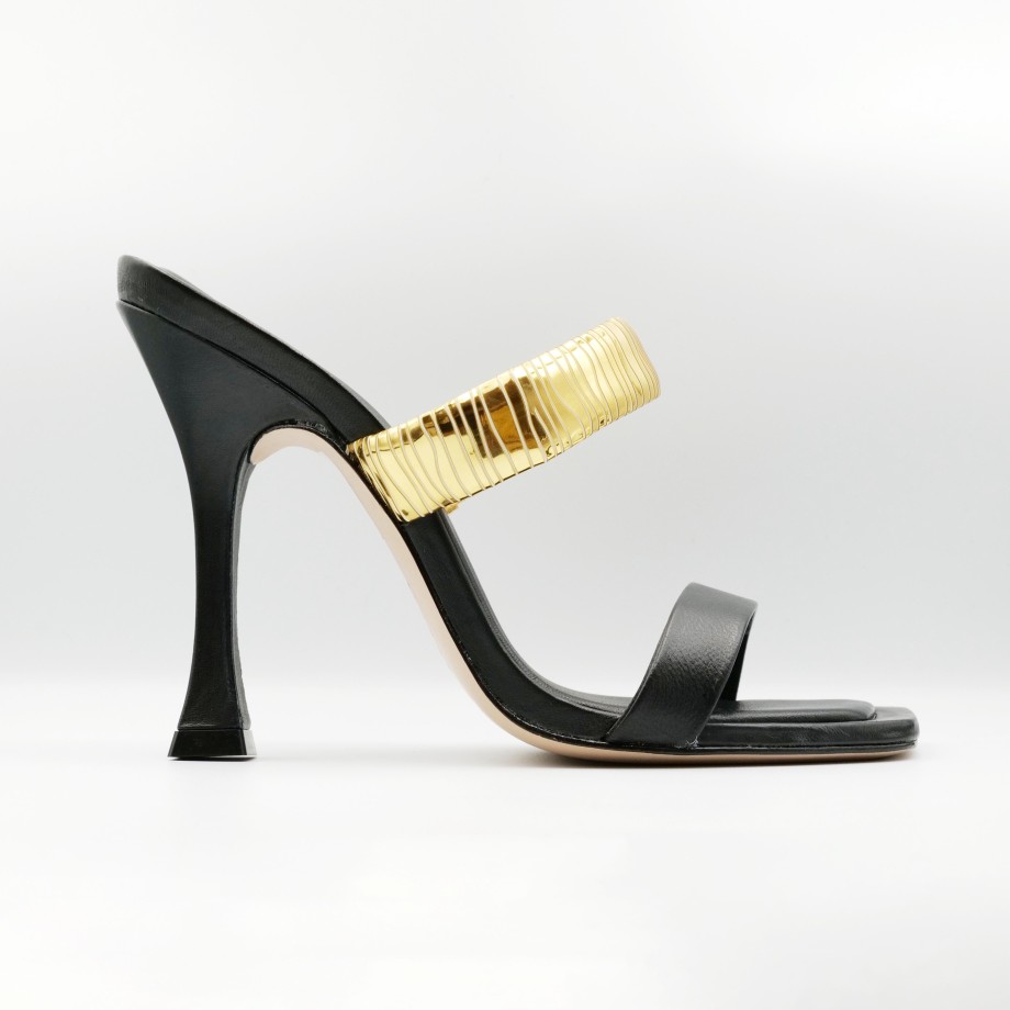 Schutz - Black And Gold Leather High Heel Sandals With Square Toe New