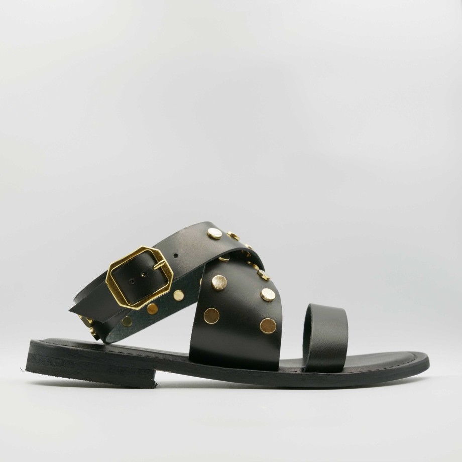 Flat Black Leather Sandals With Gold Studs And Italian Leather Strap Hot