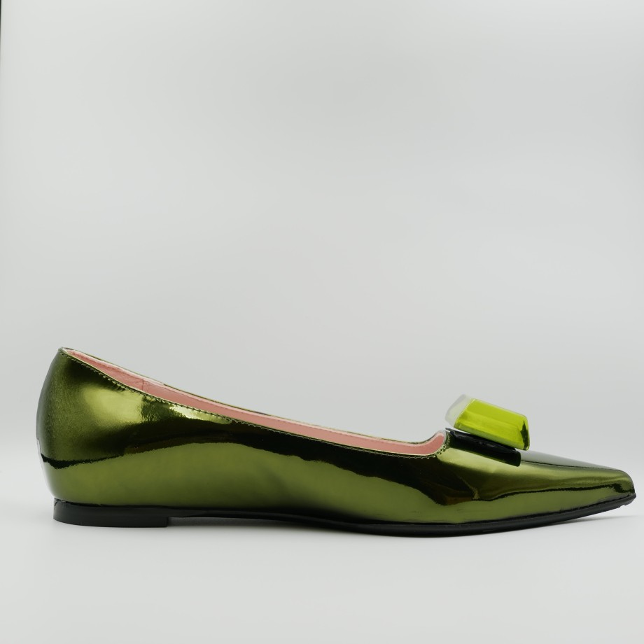 Pointed Green Patent Leather Ballet Flats With Ras Accessory New