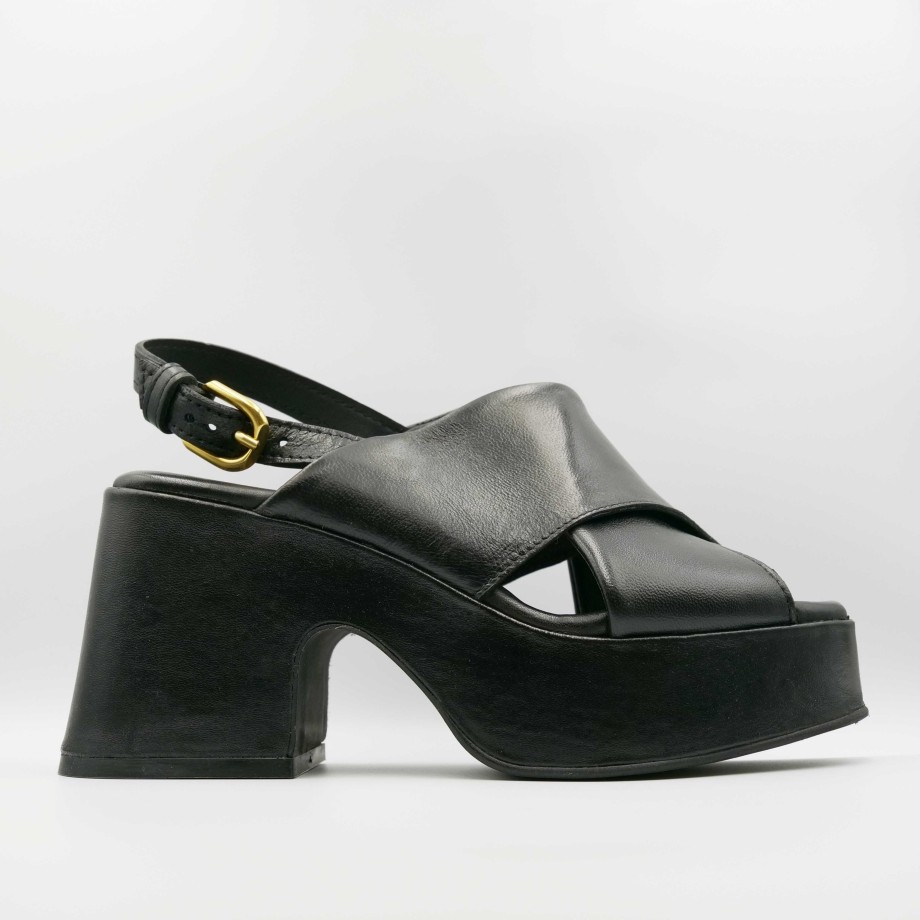 Sandals With Heel And Black Platform In Cross Leather And Strap Brand Mjus Online