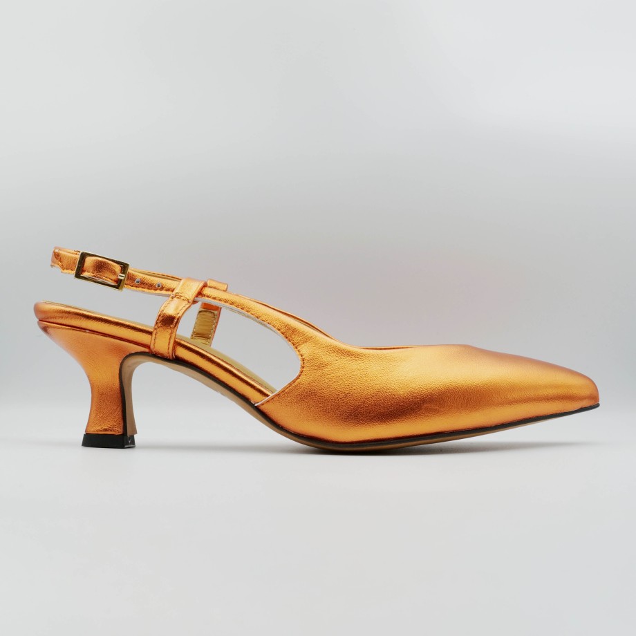 Brera - Slingback In Laminated Orange Nappa, Low Heel And Strap Clearance