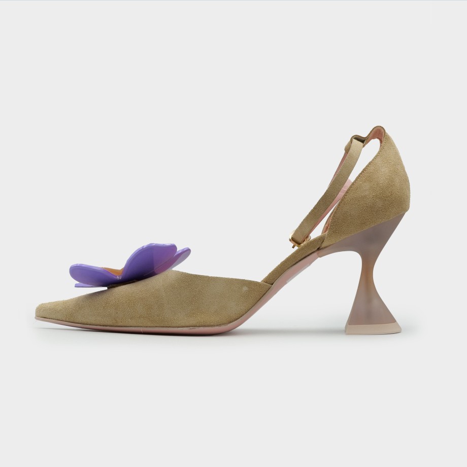 Ras - Slingback In Dove Gray Suede With Purple Flower And Ankle Strap New