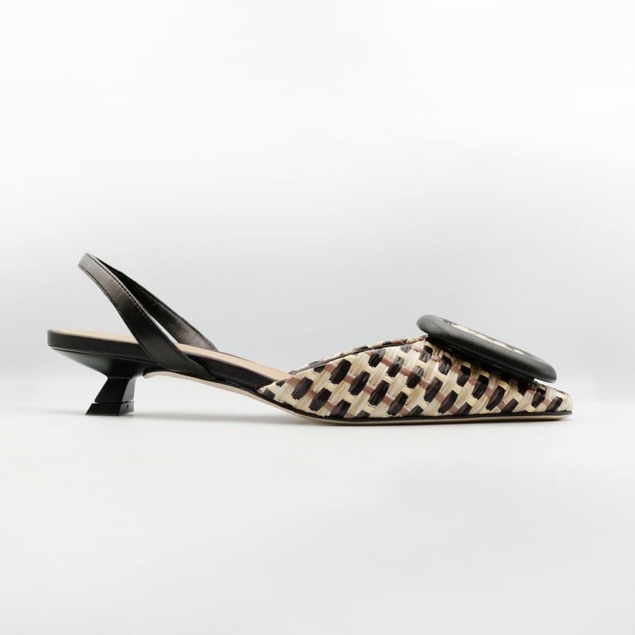 Chantal - Slingback In Black And Beige Leather And Raffia. Low Heel With Elastic Hot