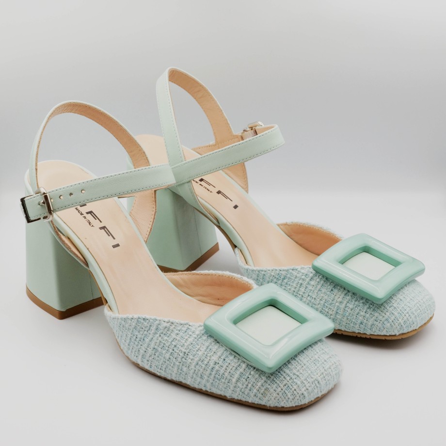 Tiffi - Slingback In Leather And Aquamarine Fabric With Wide Heel Wholesale