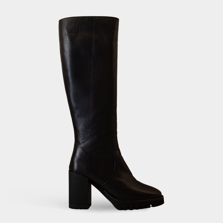 Angelo Bervicato - Black Leather Boots With Wide Heel And Plateau Online