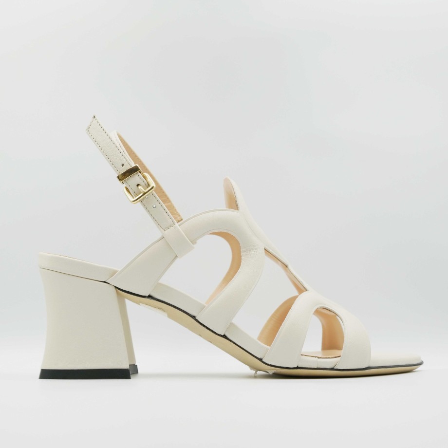 Eva Luna - Cream-Colored Leather Heeled Sandals With Ankle Strap New