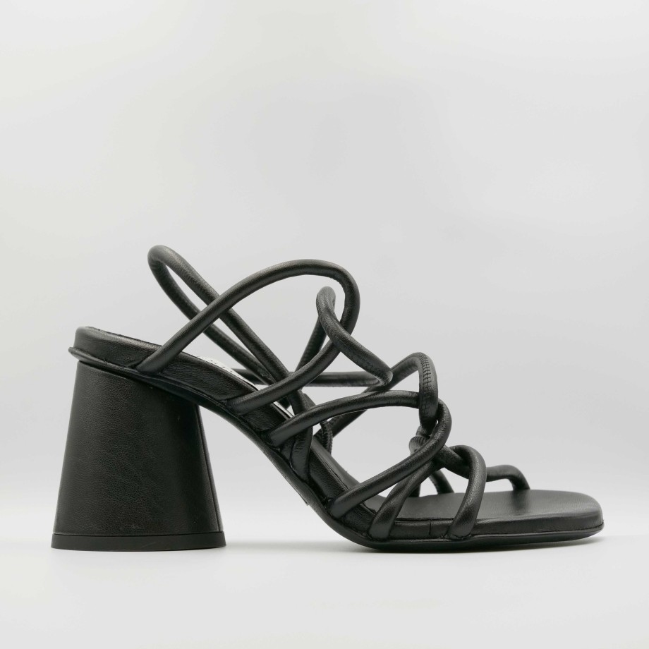 Ernesto Dolani - Sandal With Wide Heel In Black Leather And Soft Braided Bands Clearance