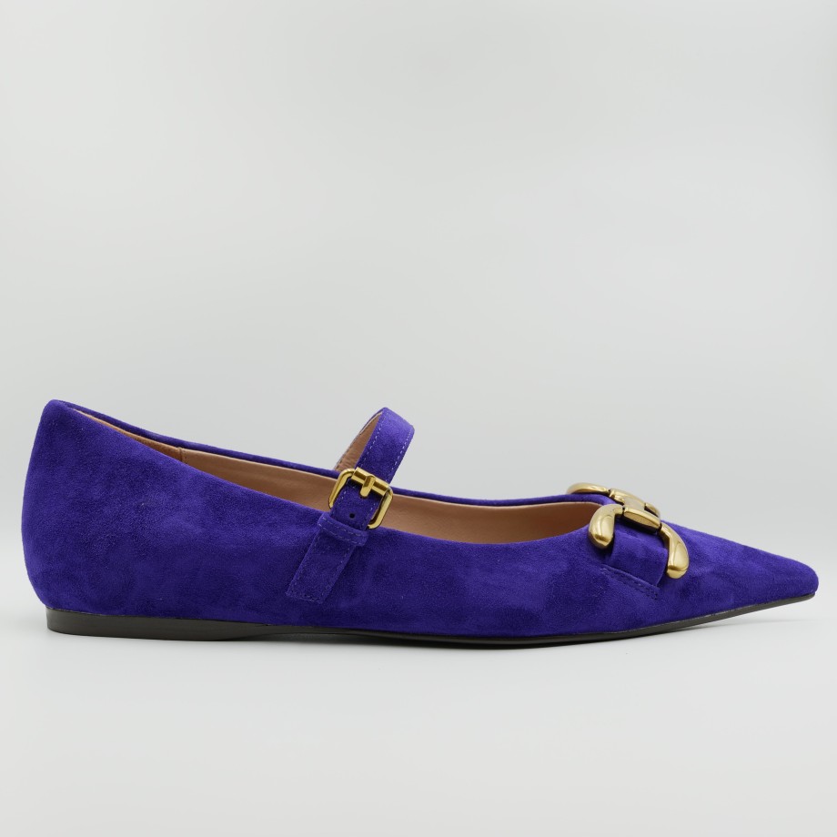 Pointed Toe Ballet Flats In Electric Blue Suede With Bibi Lou Buckle Wholesale