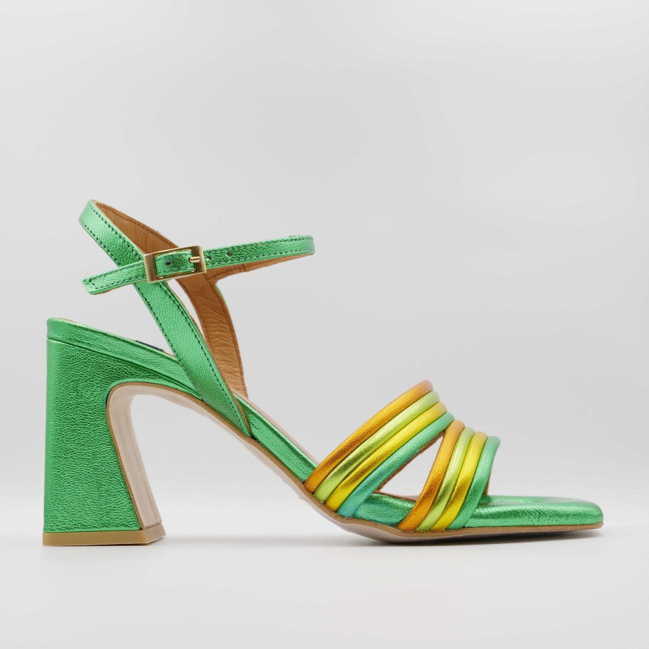 Angel Alarcon - Wide Heel Sandal In Green Laminated Leather With Colored Bands And Square Toe Clearance